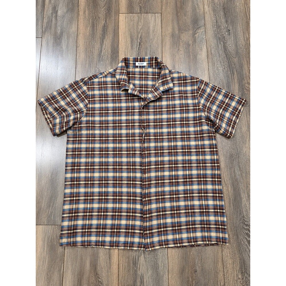 COOFANDY Mens 2XL Brown Blue Plaid Short Sleeve Camp Collar Button Up Shirt